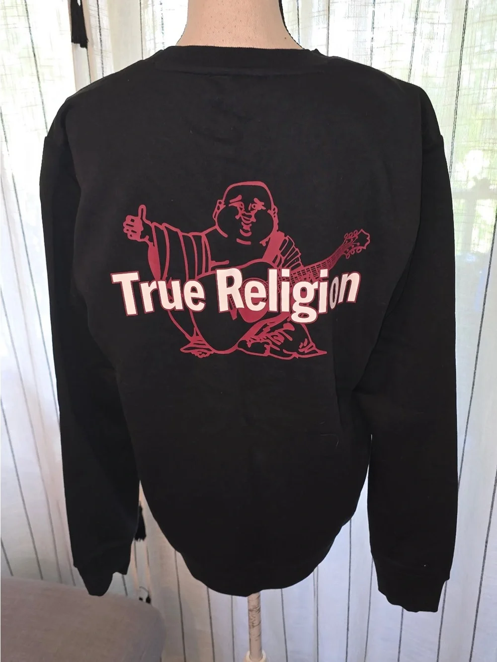 True Religion Black Crewneck Sweatshirt with Burgundy Logo Patch